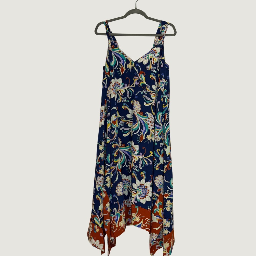 Floral Handkerchief Hem Midi Dress Navy Blue Colorful Sleeveless Paisley V-Neck